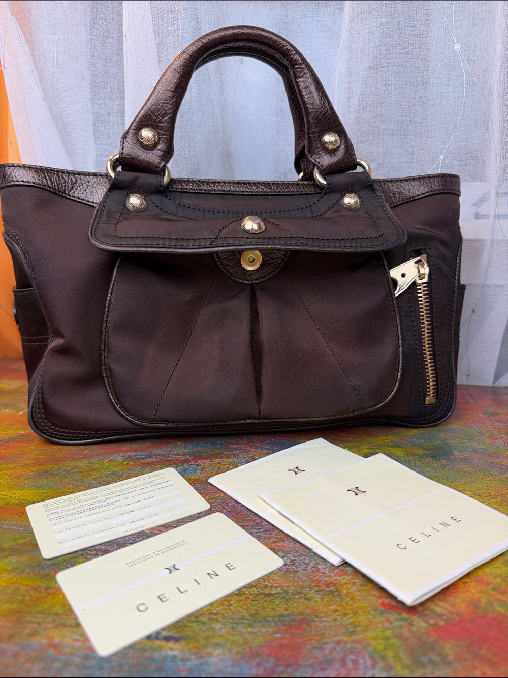 Celine Brown Handbag Boogie Bag Auth. Multi-pocketed Nylon & Leather Mid size